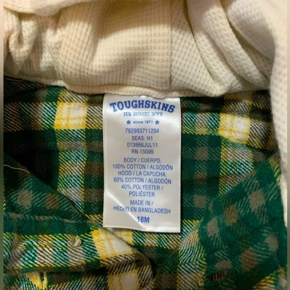 Toughskins Cream Green Gold Plaid Long Sleeve Hooded Button Up Shirt Size 18M